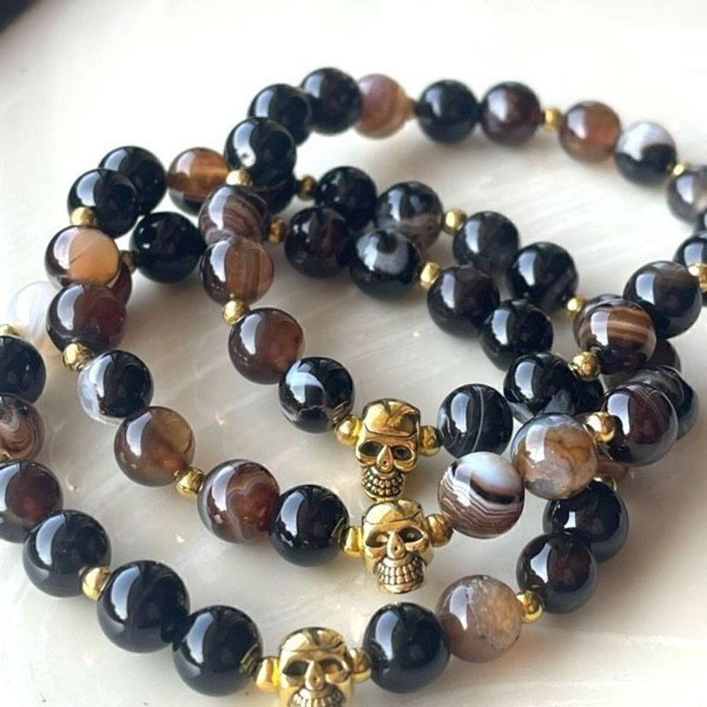 Coffee agate beaded bracelet ONE NEW stretch skull reikiโyogaโmeditation